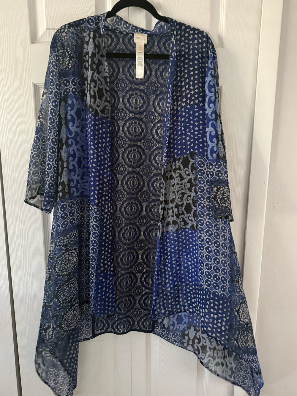 Chico’s Patchwork Print Duster Kimono 3/4!Sleeves Size 1 = M